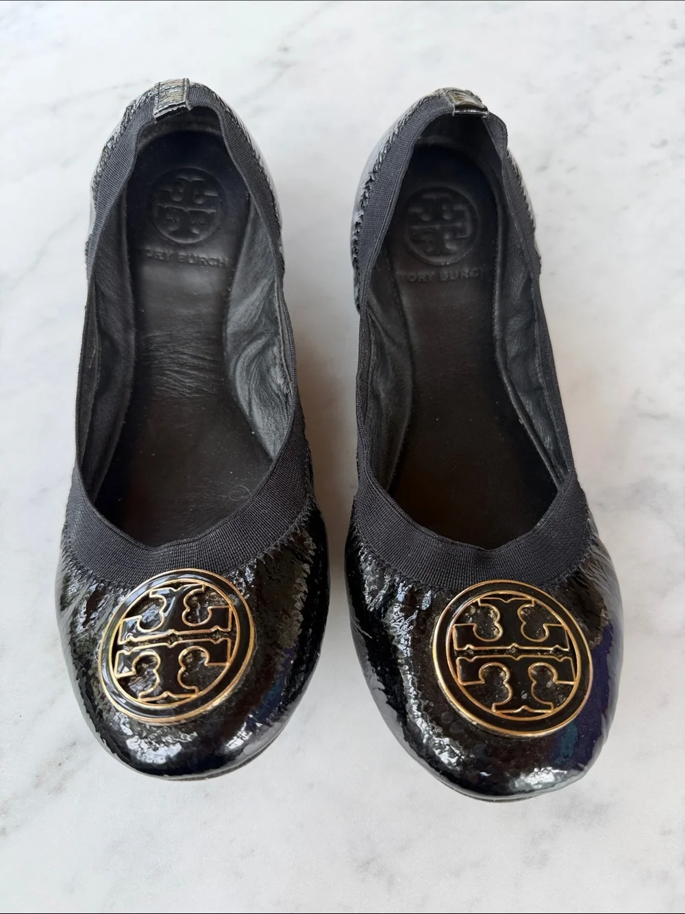 Tory Burch Black Patent Leather Logo Ballet Flats with Gold Emblem